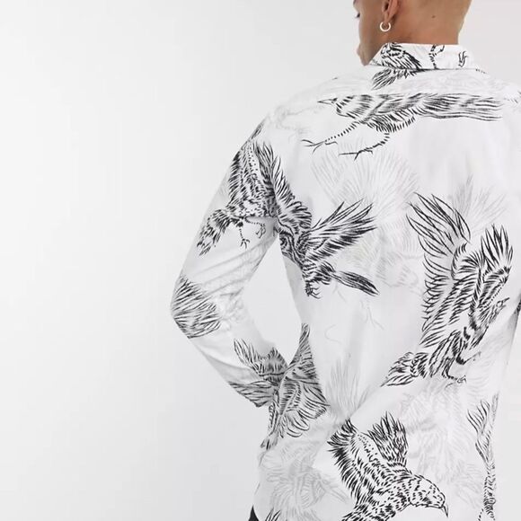 Twisted tailor mens button up 4x skinny collared shirt crows in white NWT - Picture 4 of 10